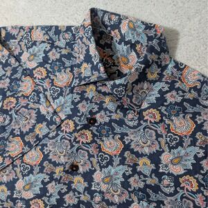 Alan Flusser Button Down Mens L Navy Blue Paisley Floral Short Sleeve Shirt